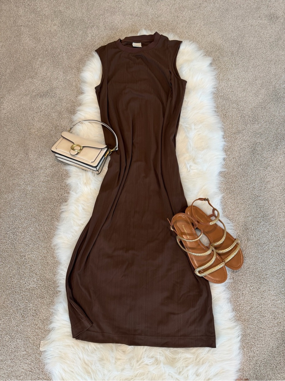 Varley Sleeveless Ribbed Midi Dress in Chocolate Brown